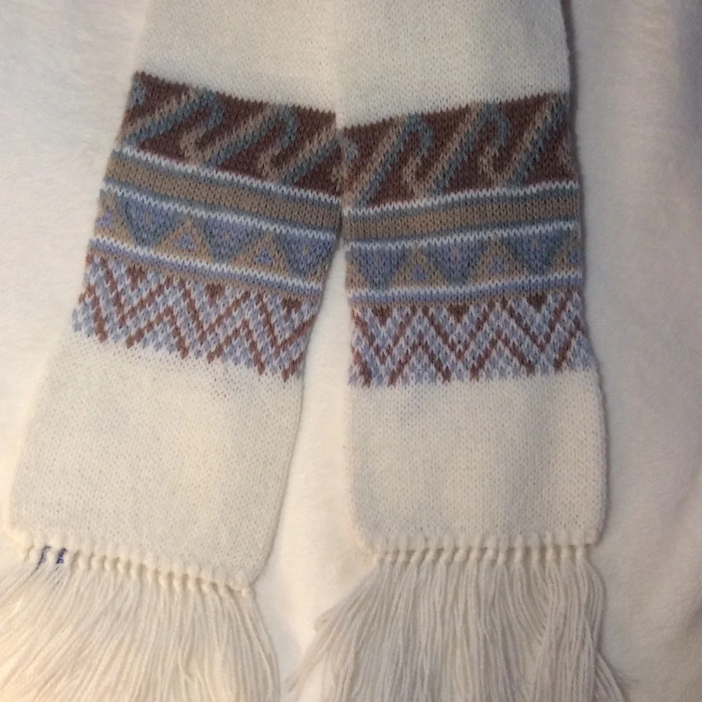 Vintage Hansen Knit Nordic Patterned Scarf Ivory Tan Gray Green - Picture 2 of 7